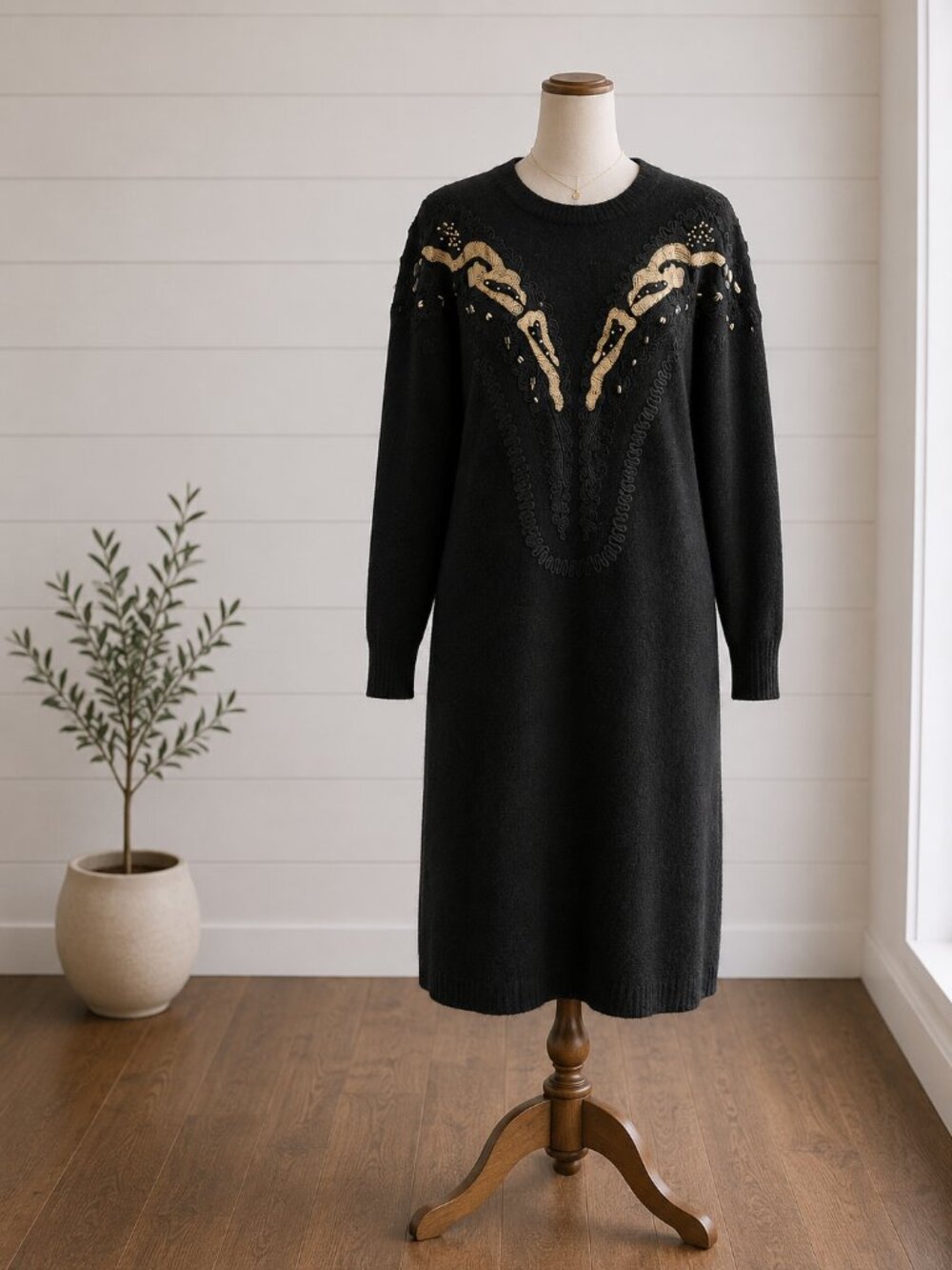 Vintage Susan Bennett Black Lambswool Angora Sweater Dress Beaded Western Knit M